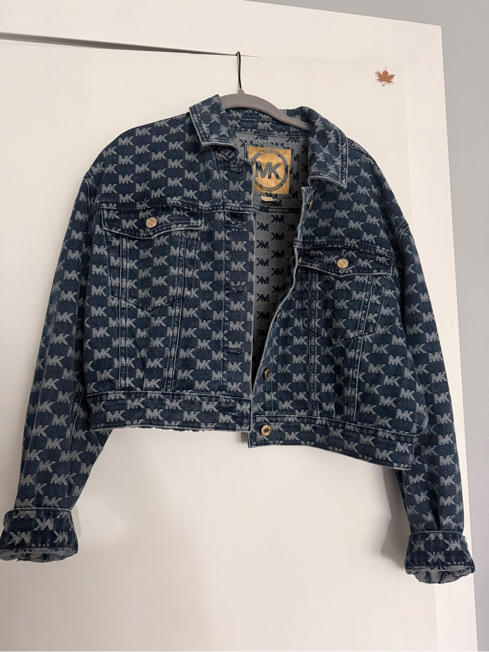 Michael Kors Dark Blue All-Over MK Logo Cropped Denim Jacket
